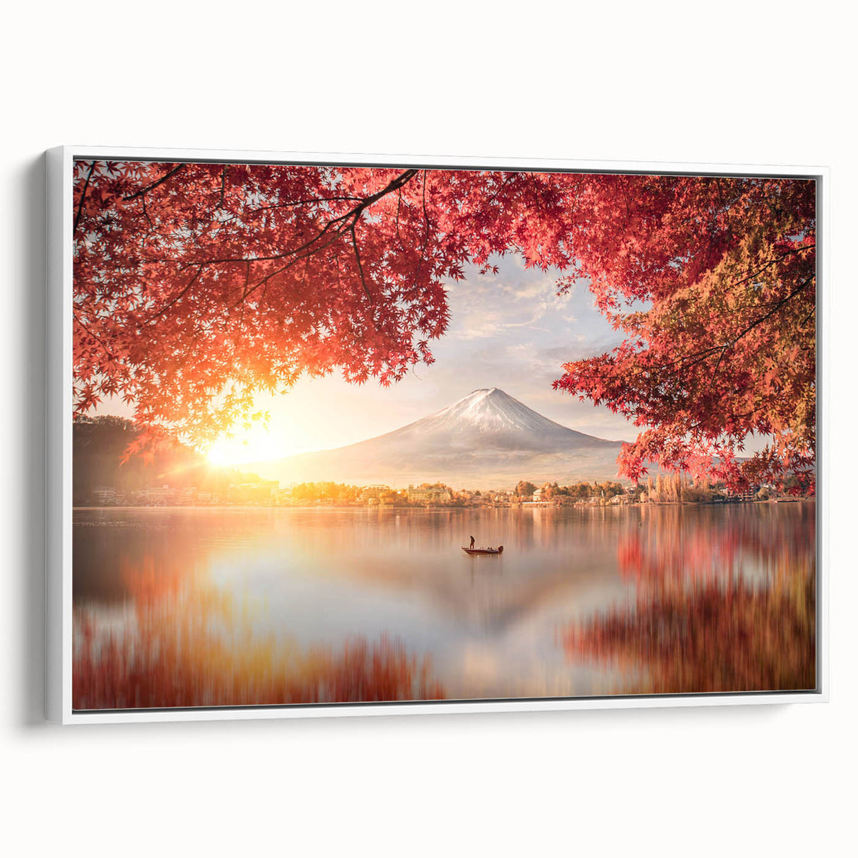 Vintage poster art of a Japanese scenery in vibrant colors on a framed canvas, ideal for living room decor.