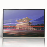 Mid-century modernist art depicting a serene Korean landscape in muted earth tones on a framed acrylic print.