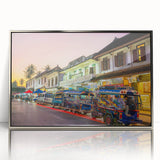 Mid-century modernist art of a Laos scenery in muted earth tones on a framed acrylic, ideal for nursery wall decor.