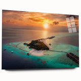 Acrylic print of a serene Maldives beach scene, using soft blue and white tones, ideal for bedroom or dining room art.