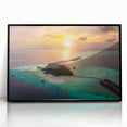 Large abstract wall art depicting a serene Maldivian landscape on a framed acrylic, using muted blue and green tones.
