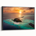 Black and white landscape art painting of the Maldives on framed canvas, ideal for bedroom wall decor.