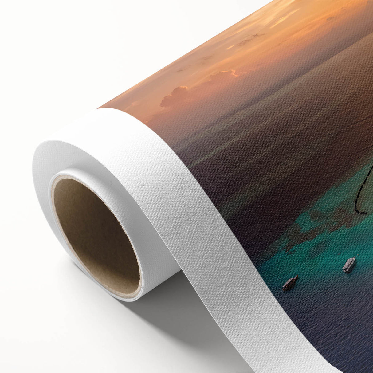 Art deco poster of Maldives scenery on rolled canvas, featuring pastel blue and green tones, ideal for nursery wall art.