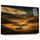 Large abstract wall art depicting a Mongolian landscape on acrylic glass, in muted earth tones.