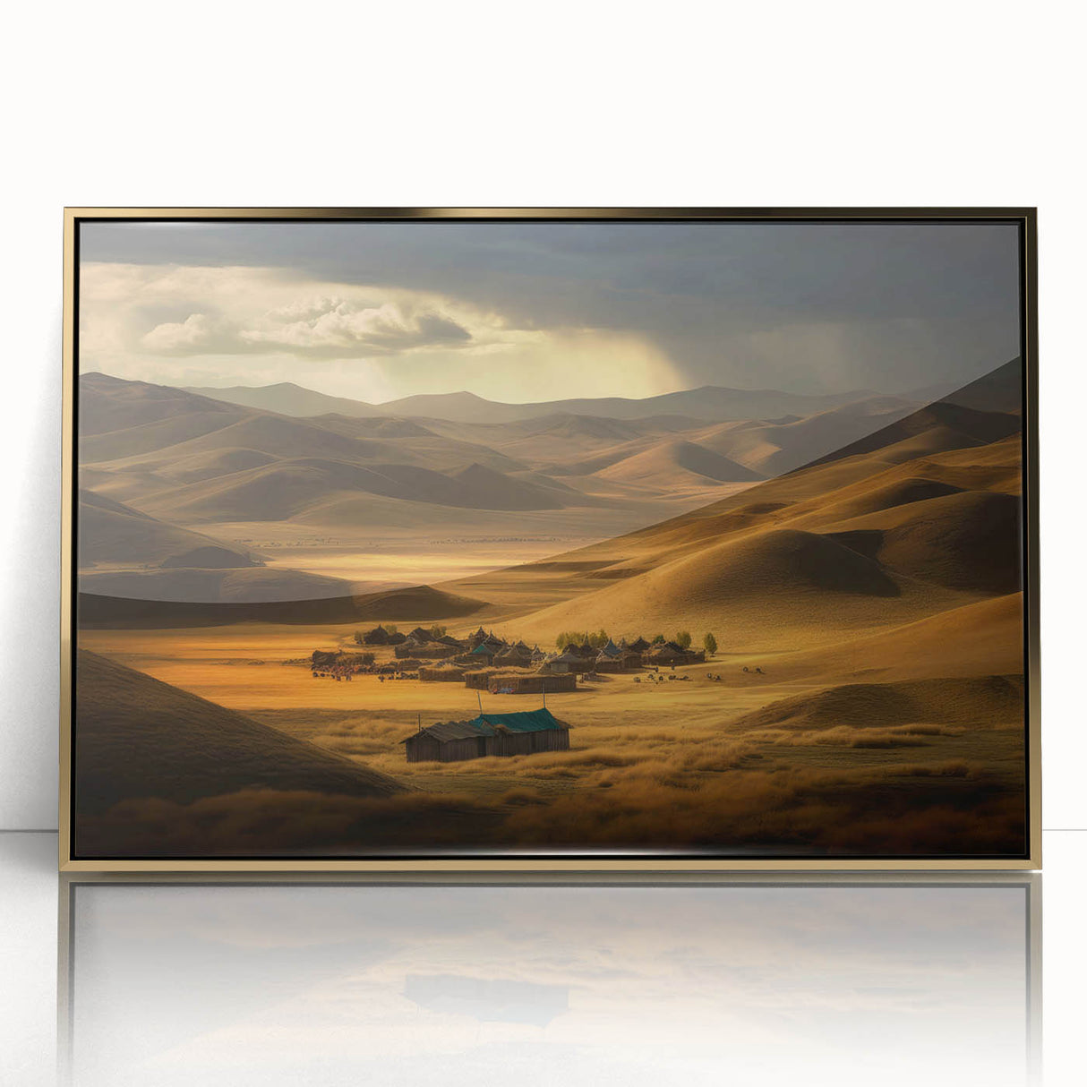 Large art print of a Mongolian landscape in muted earth tones on a framed acrylic, ideal for modern art wall decor.