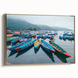 Framed canvas depicting a serene Nepalese landscape in muted earth tones, ideal for bedroom wall art.