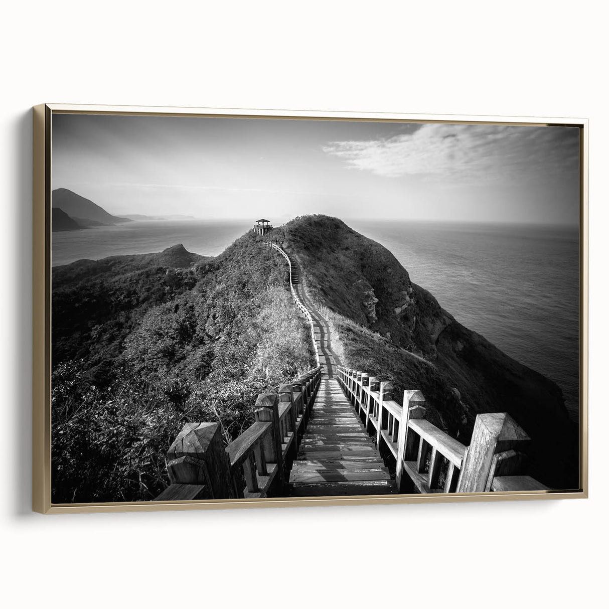 Framed canvas depicting a vintage-style Taiwanese landscape with muted gold and black tones, suitable for bedroom wall art.