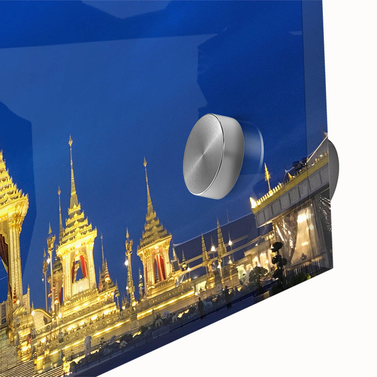 Large abstract depiction of Bangkok skyline in muted gold and blue tones on acrylic glass, ideal for dining room art.