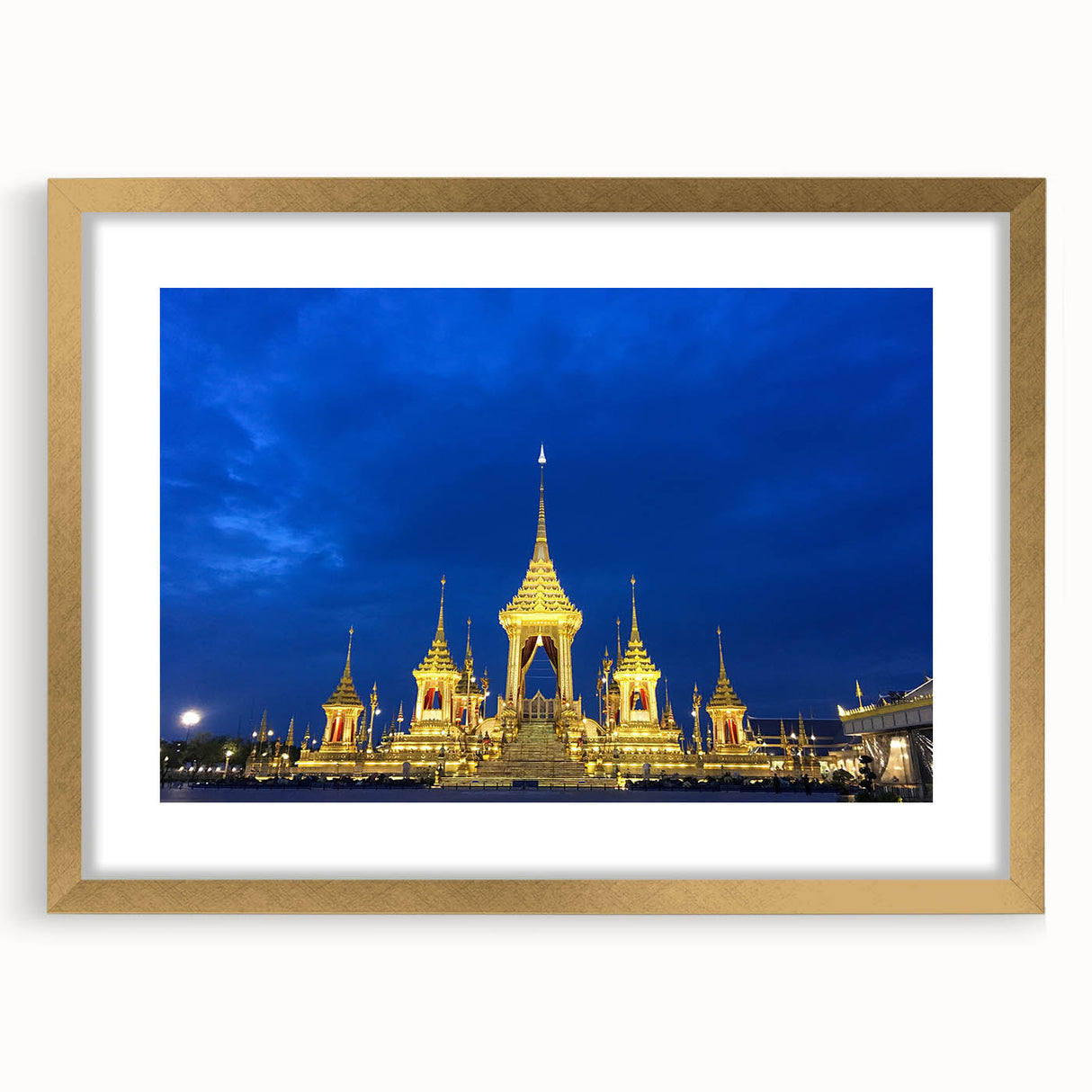 Extra large wall art depicting an abstract Bangkok cityscape in textured gold and black tones on a framed canvas.