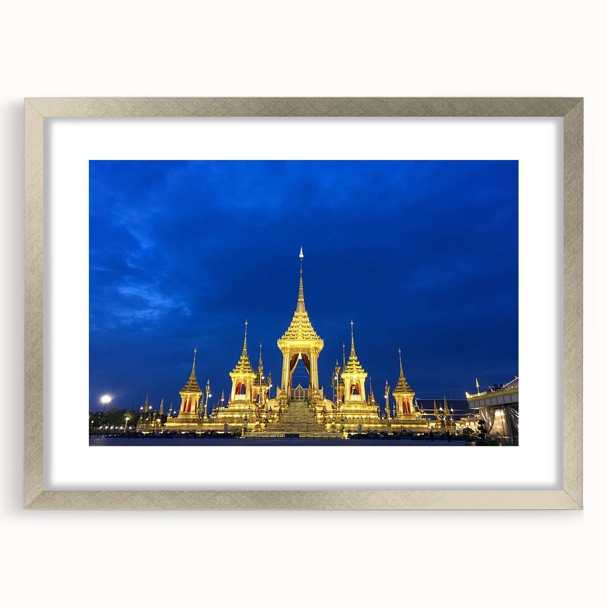 Textured art of abstract Bangkok skyline in muted gray and silver tones on a framed print, suitable for bedroom decor.