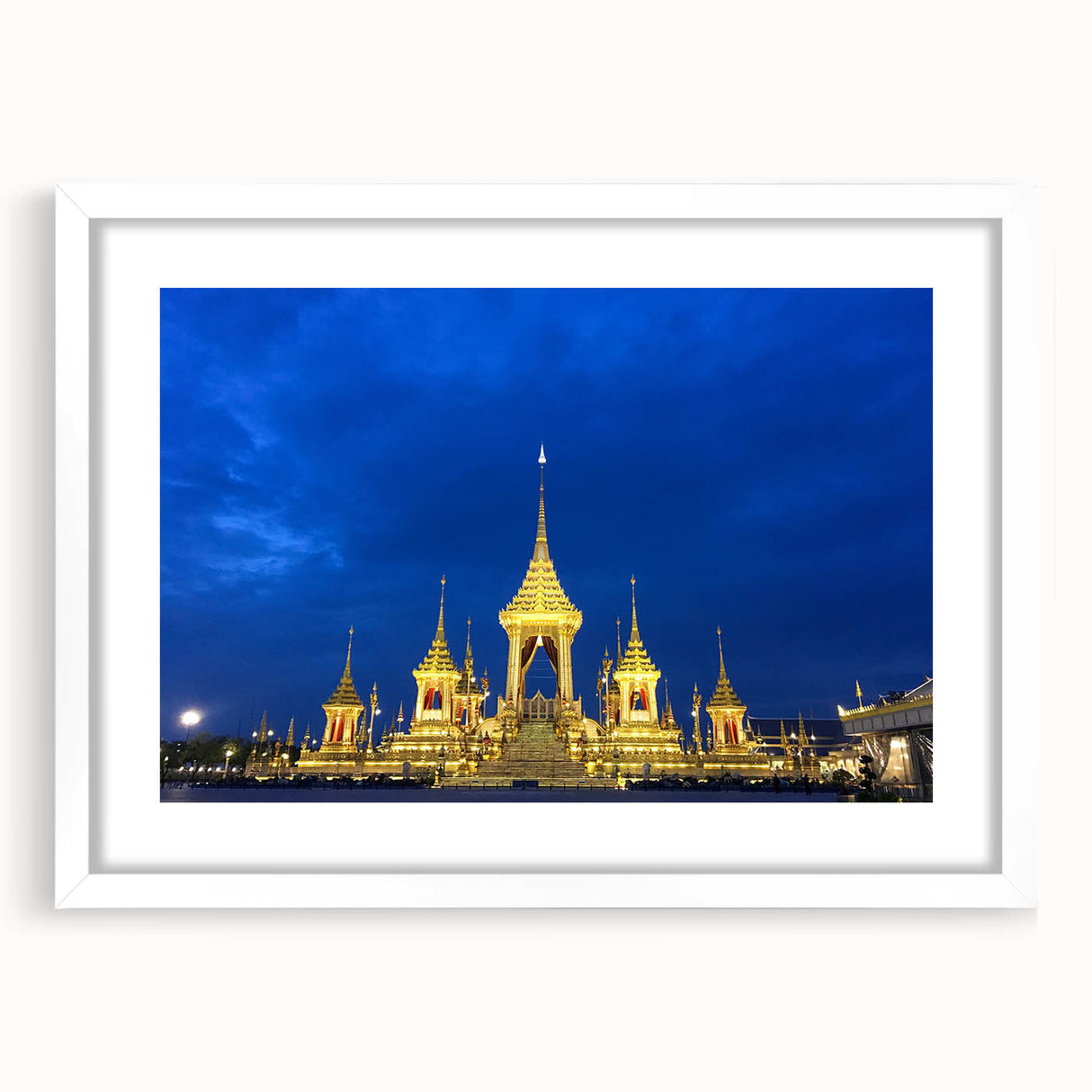 Abstract art print of Bangkok skyline in muted gray and blue tones on a white framed canvas, suitable for dining room decor.