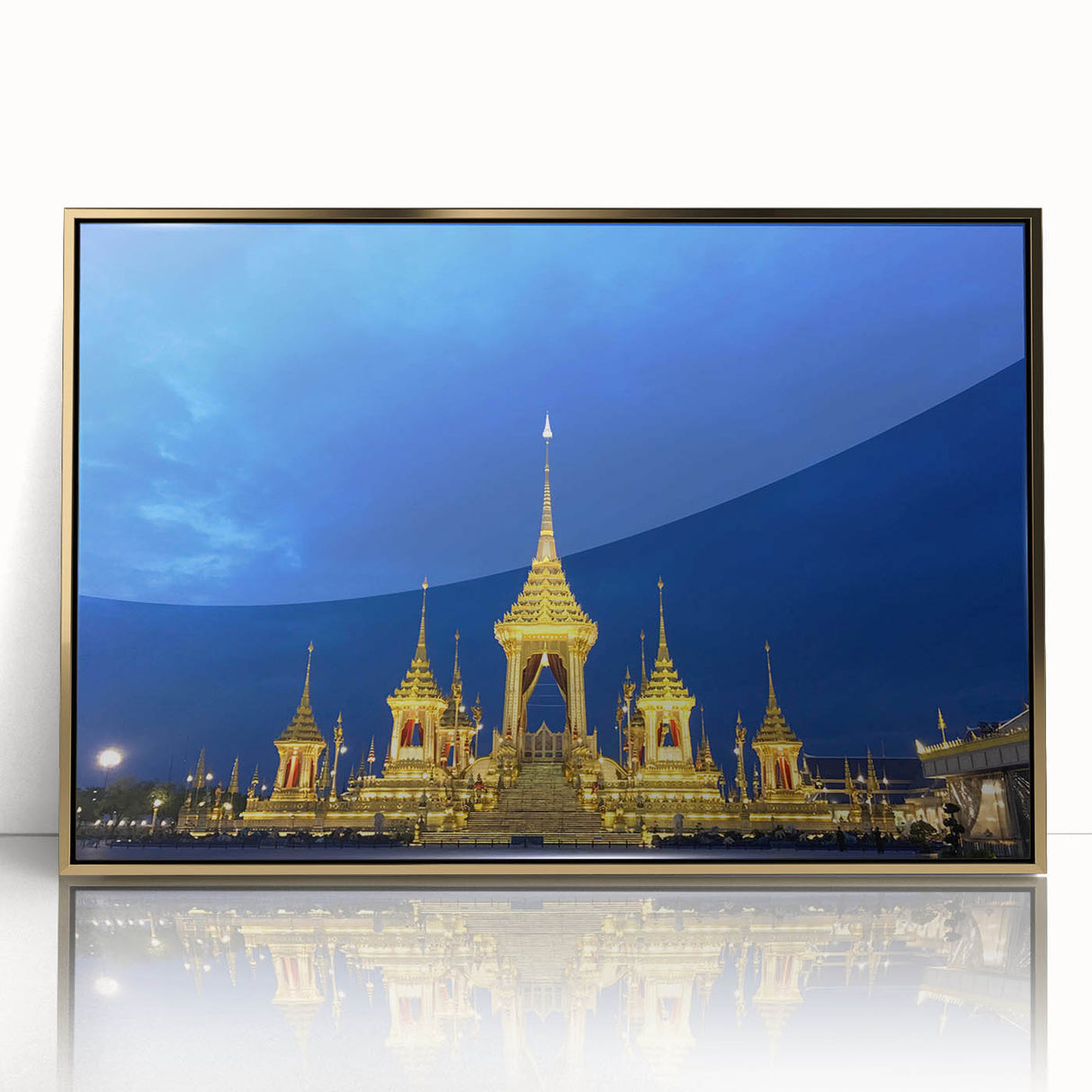 Framed acrylic print of Bangkok skyline in gold and black tones, ideal for modern art wall decor.