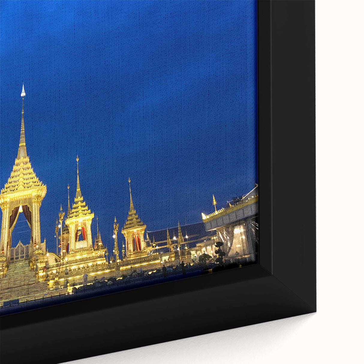 Extra large black wall art of Bangkok's cityscape on framed canvas, featuring colorful, textured details.