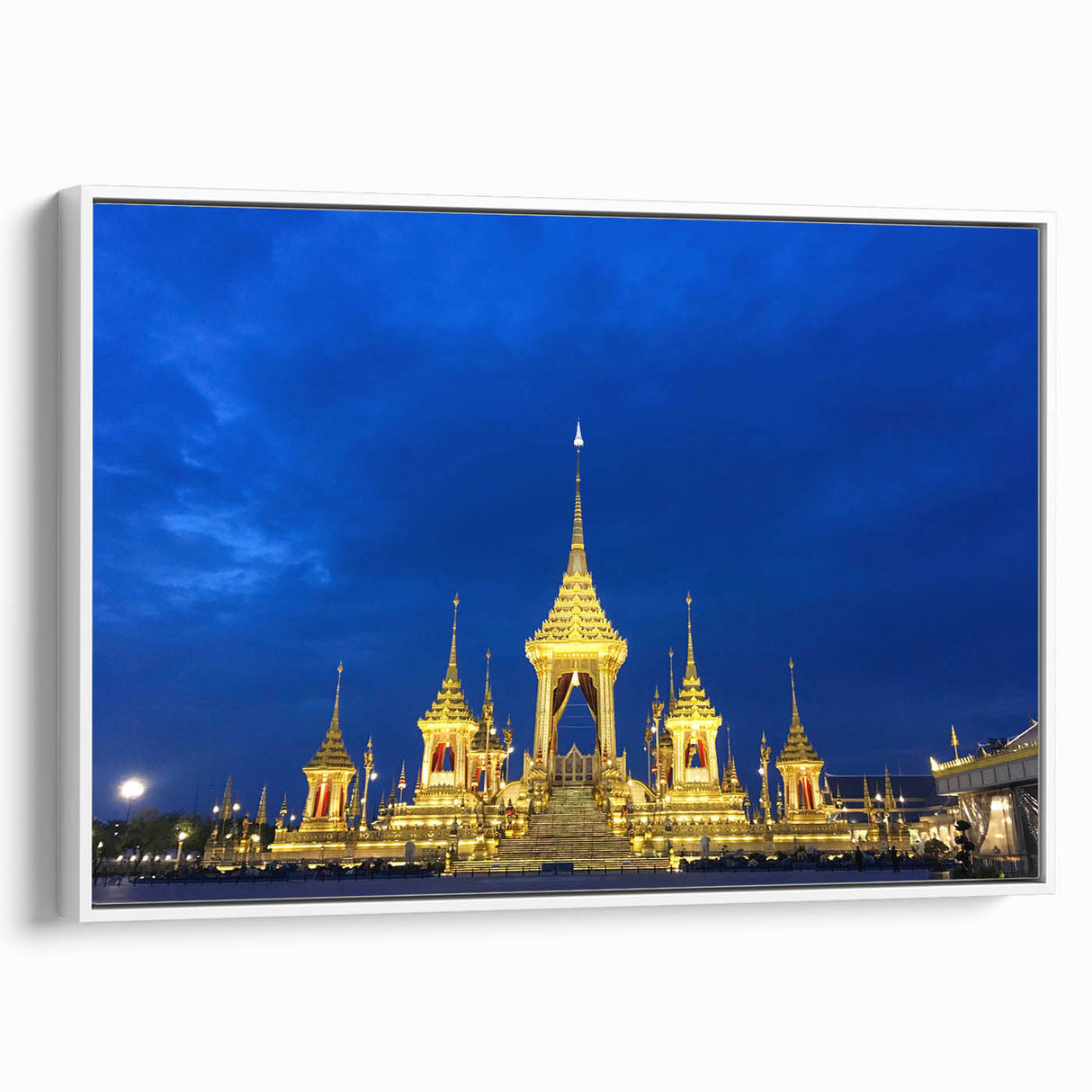 Vintage poster art of Bangkok skyline in vibrant colors on a large framed canvas, ideal for living room decor.