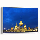 Vintage poster art of Bangkok skyline in vibrant colors on a large framed canvas, ideal for living room decor.