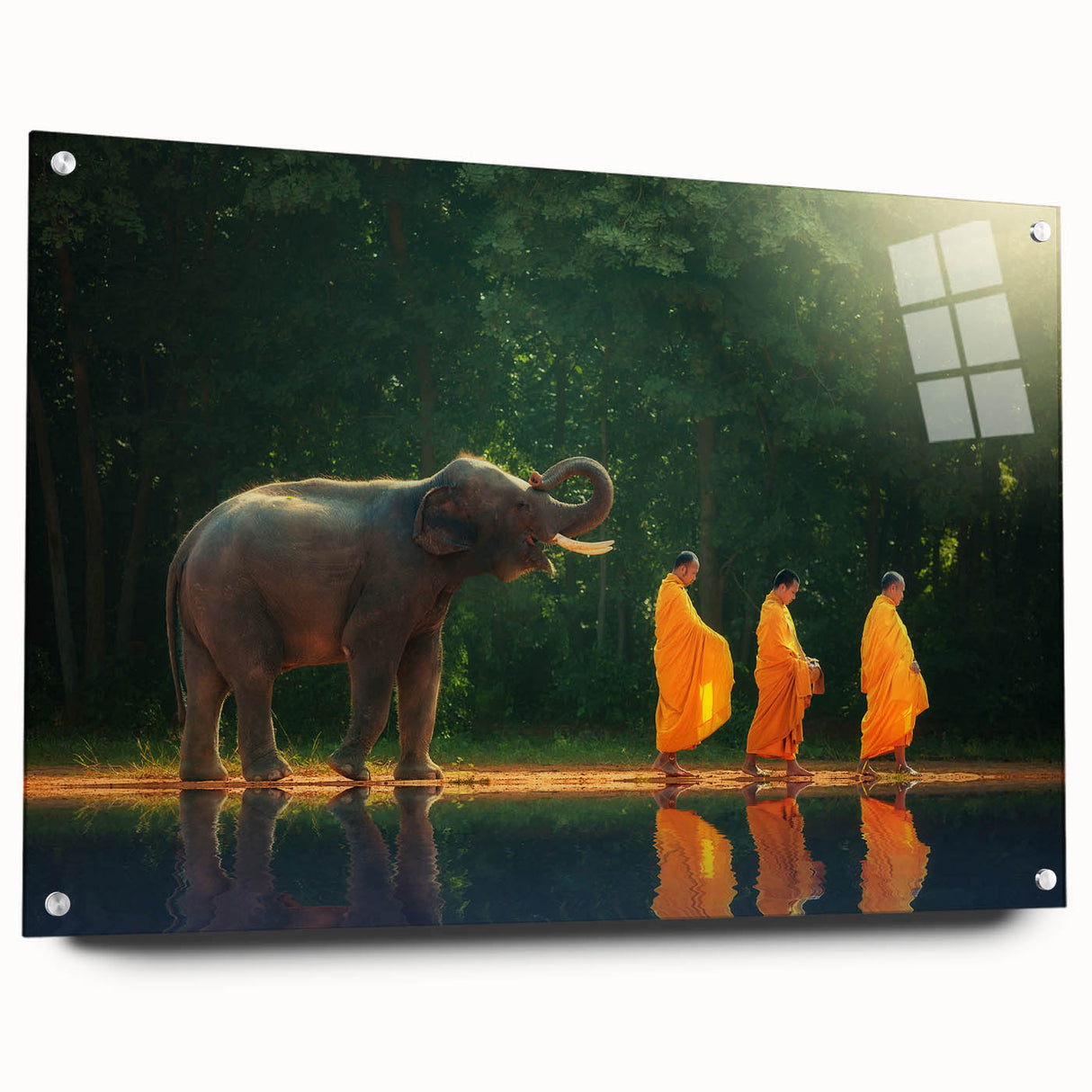 Large abstract wall art depicting an Asian landscape in muted earth tones on acrylic glass.