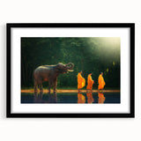 Extra large abstract art print depicting a vibrant, colorful Thai landscape on textured canvas, framed in black.