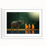 Abstract art print of a serene Thai landscape in soft blue and green hues on a white framed canvas.