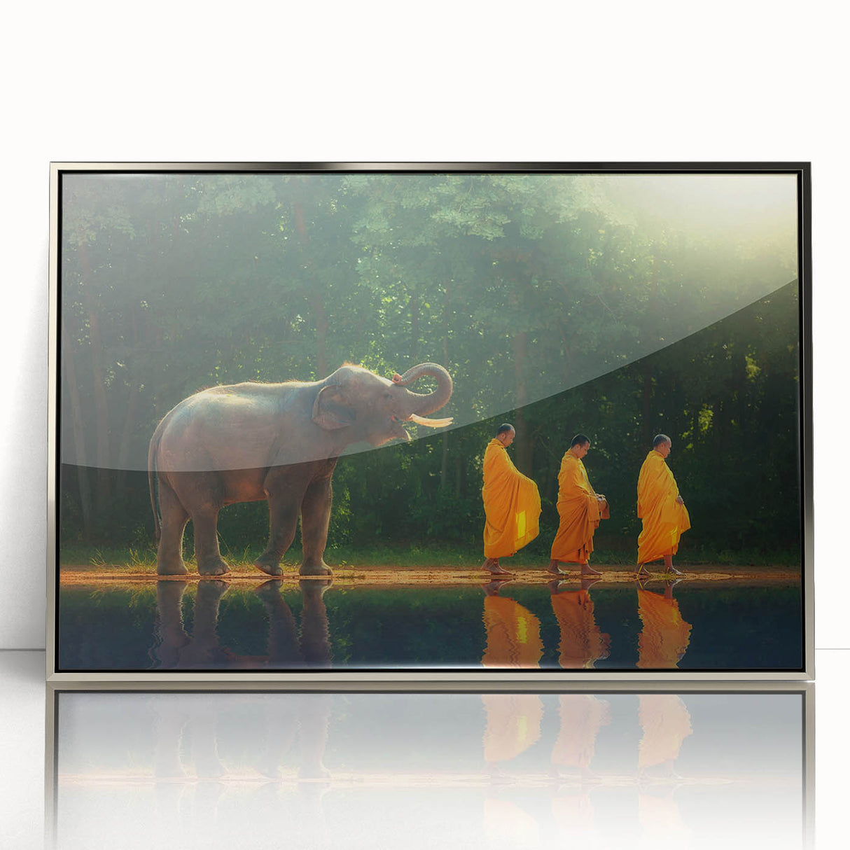 Mid-century modernist art depicting a serene Thai landscape in muted earth tones, framed acrylic, ideal for nursery wall art.