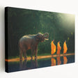 Large art of a Thai landscape on stretched canvas, featuring muted green and blue tones, ideal for kitchen wall art.