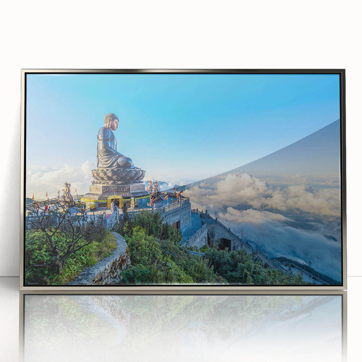 Mid-century modernist art depicting a serene Vietnamese landscape on a silver-framed acrylic print.