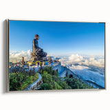 Framed canvas of a Vietnamese landscape painting, featuring vibrant greens and blues, ideal for living room decor.