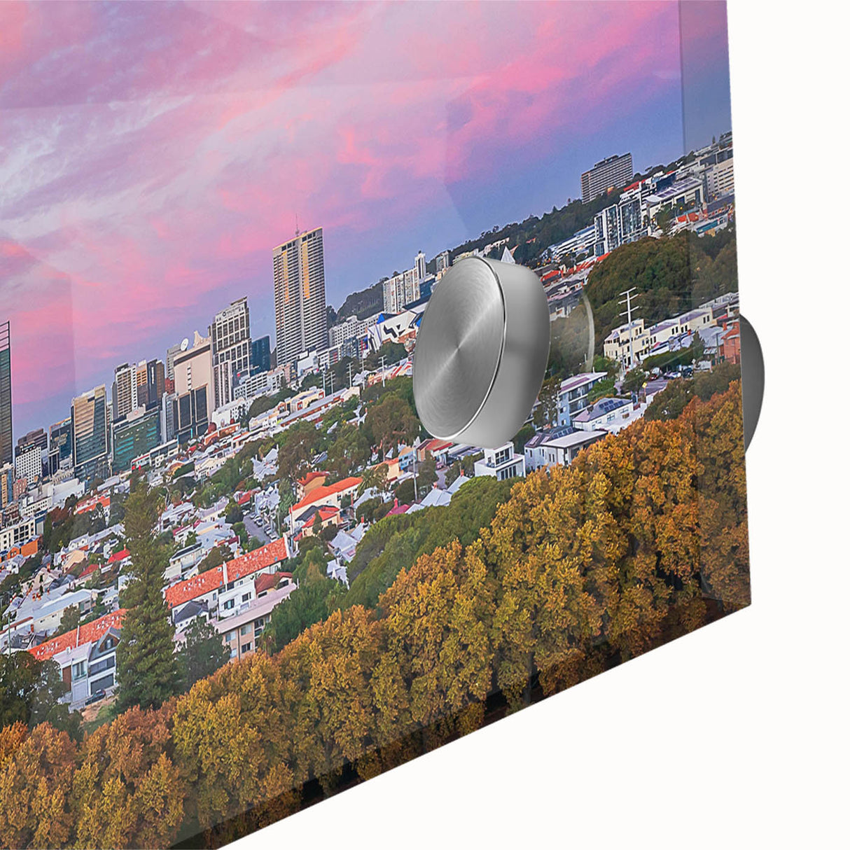 Large abstract wall art of Brisbane scenery in acrylic glass, using mid-century modernist style, ideal for dining room art.