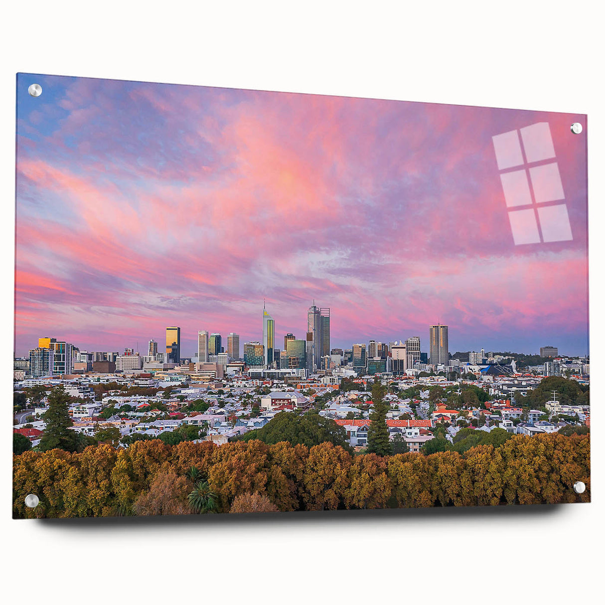Large abstract wall art of Brisbane skyline in muted blue and gray on acrylic glass, ideal for bedroom or dining room decor.