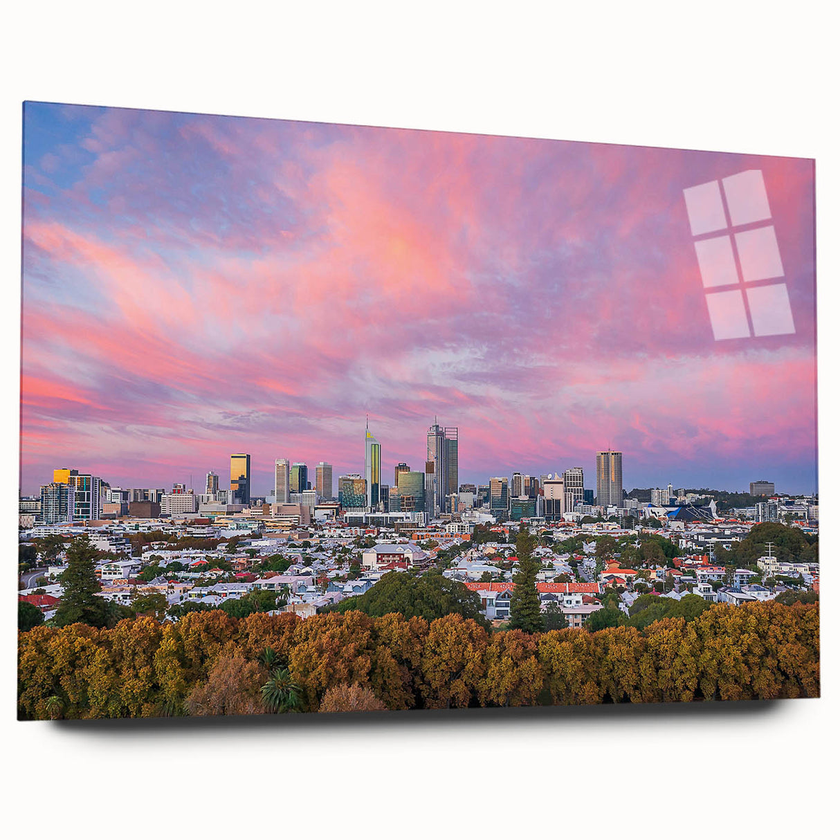 Large abstract wall art of Brisbane scenery in muted earth tones on acrylic glass, ideal for bedroom or dining room decor.