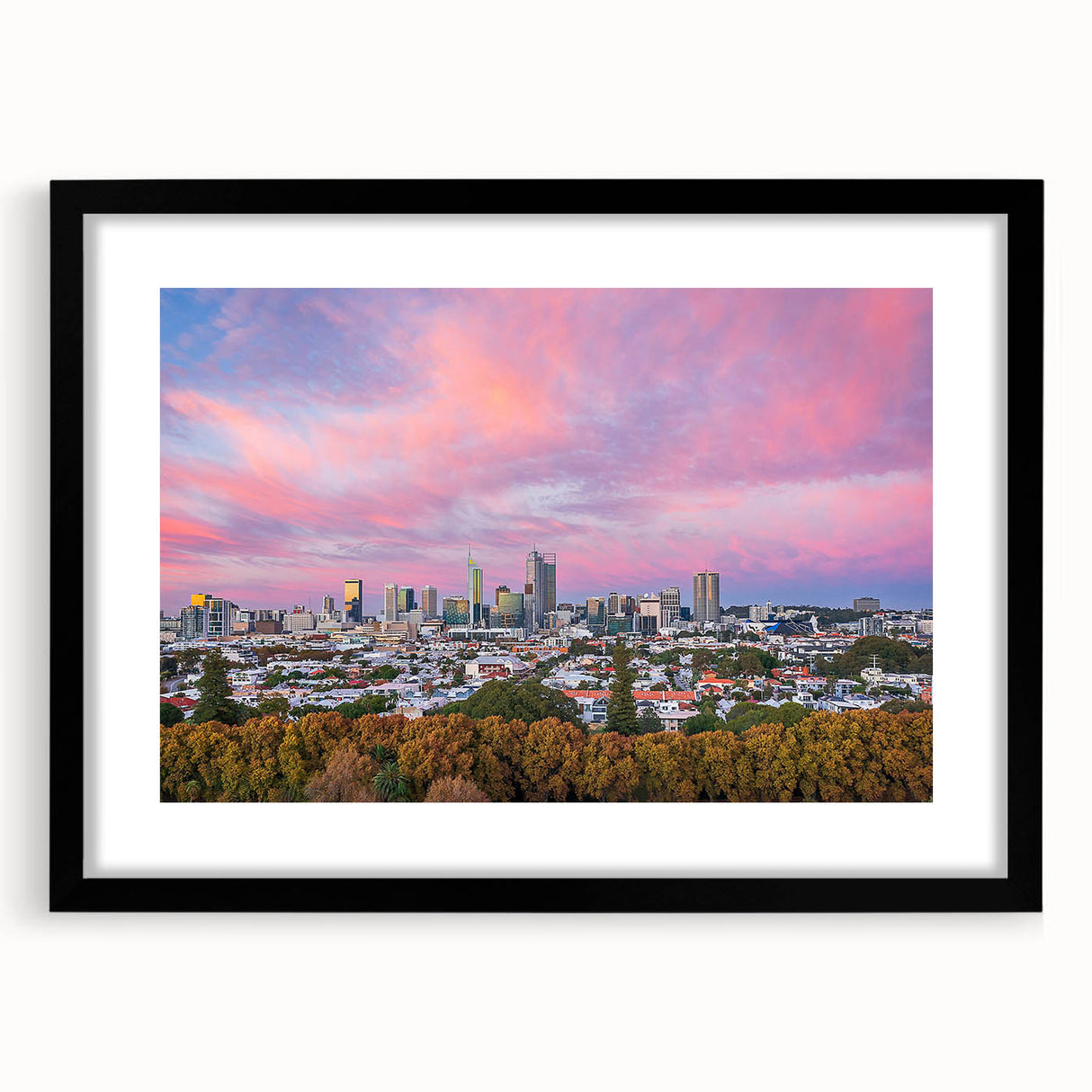 Extra large abstract art print of colorful, textured scenery, framed in black, ideal for living room decor.