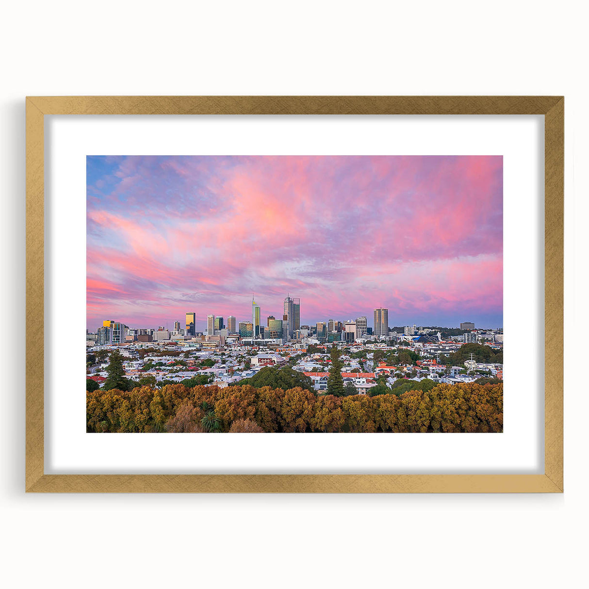 Textured abstract art print of Brisbane scenery in muted gold and blue tones, framed with a gold mat.