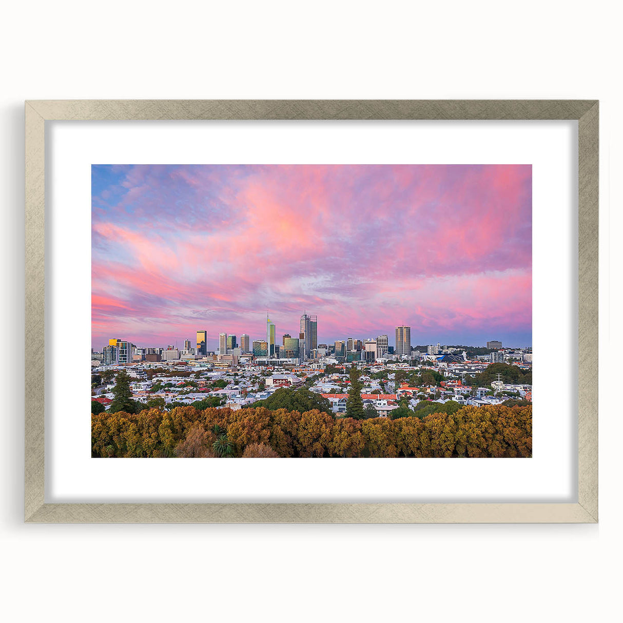 Abstract art print of Brisbane skyline in muted gray and blue tones on a framed silver mat, ideal for dining room decor.