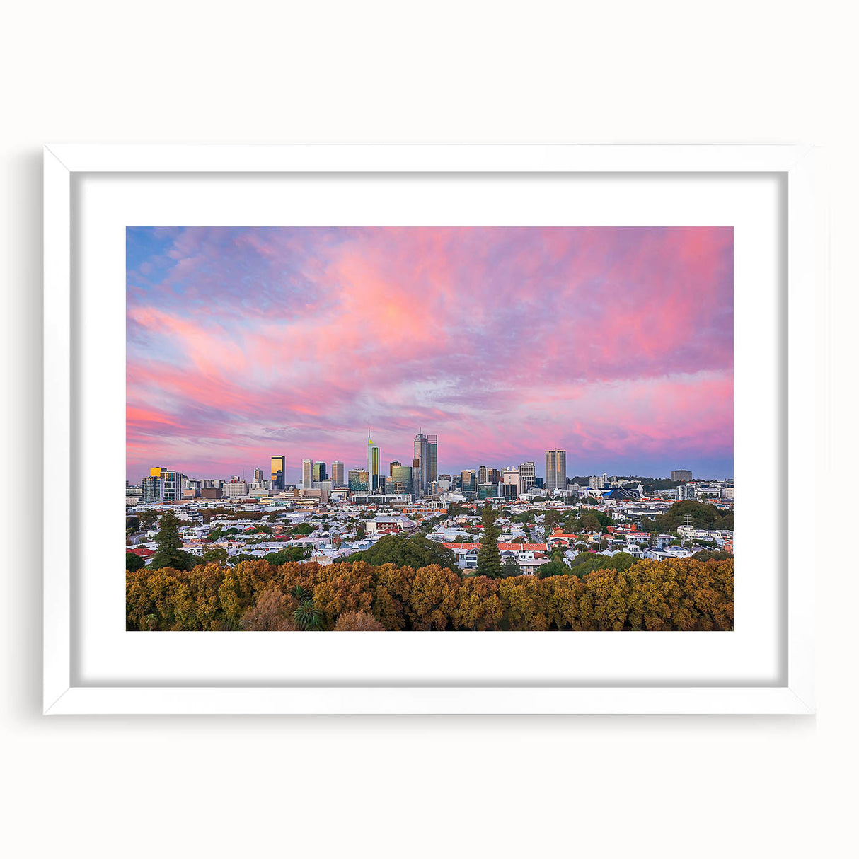 Extra large abstract art print of Brisbane scenery in textured style, using muted earth tones on a framed white mat.