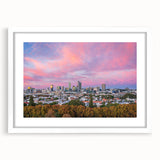 Extra large abstract art print of Brisbane scenery in textured style, using muted earth tones on a framed white mat.