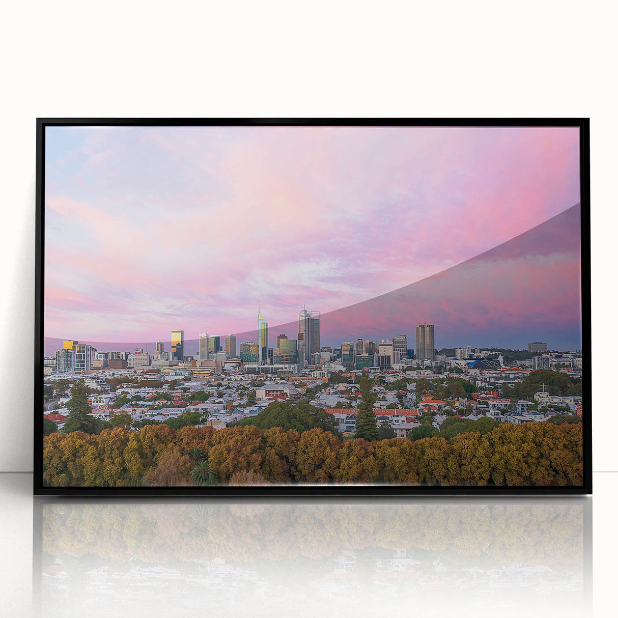 Large abstract wall art depicting the Brisbane skyline in muted gray and blue tones on a framed acrylic.
