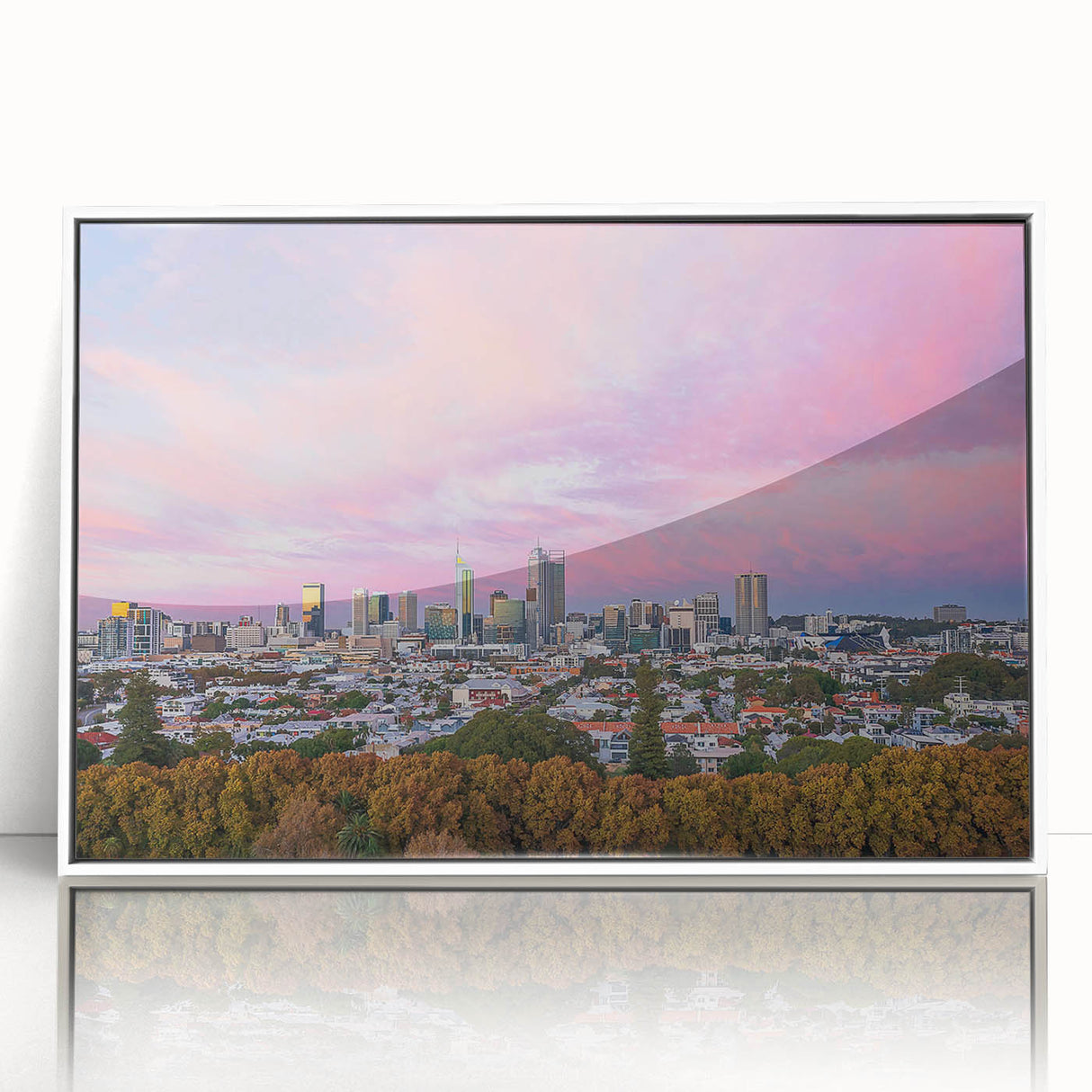 Framed acrylic print of Brisbane skyline with muted earth tones, ideal for modern art wall decor.
