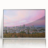 Framed acrylic print of Brisbane skyline with muted earth tones, ideal for modern art wall decor.