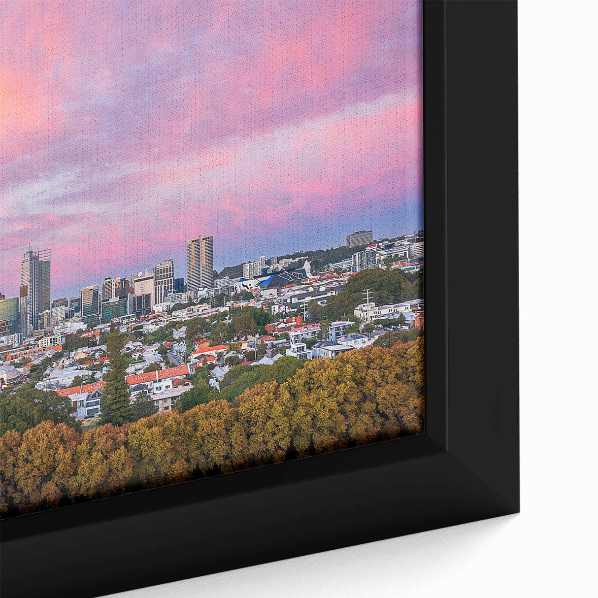 Close-up of a framed canvas featuring a textured depiction of Brisbane in vibrant, colorful art, ideal for living room decor.