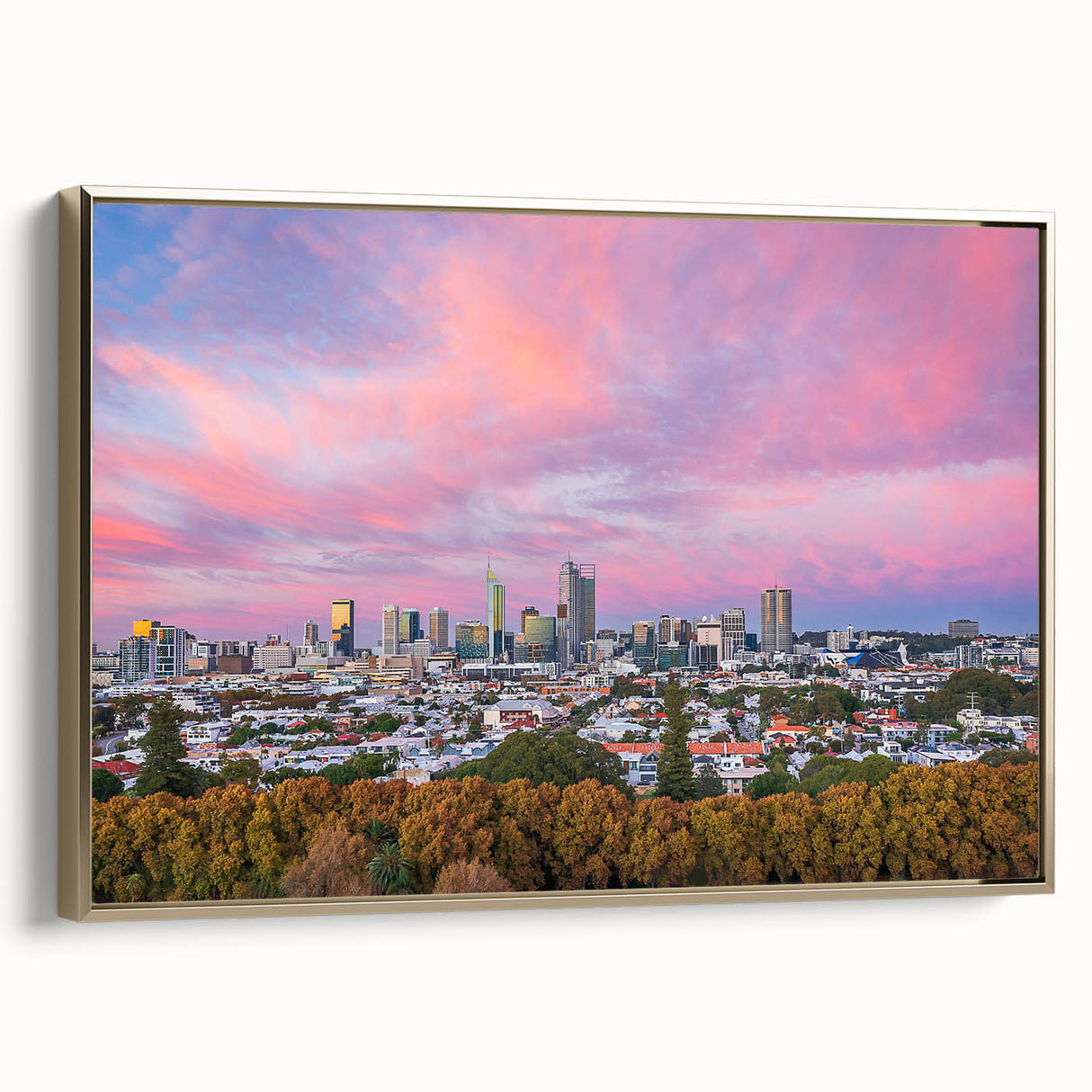Framed canvas of Brisbane landscape with colorful art and vintage poster style, set in a black frame.