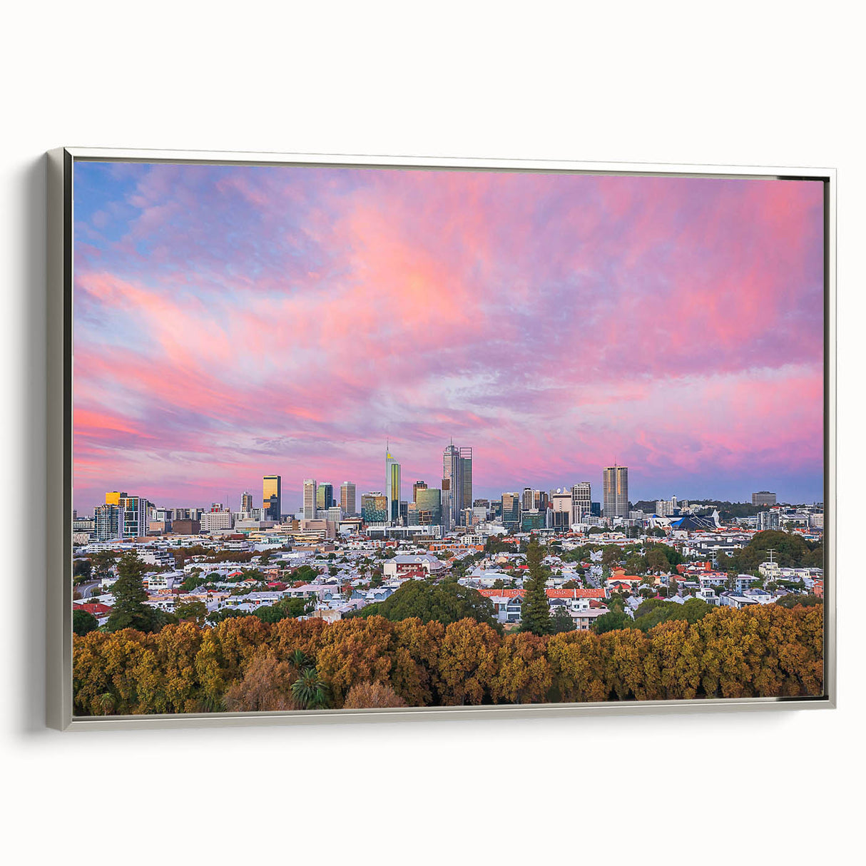 Vintage poster art of Brisbane skyline in colorful hues on a large framed canvas, ideal for living room decor.
