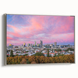 Vintage poster art of Brisbane skyline in colorful hues on a large framed canvas, ideal for living room decor.