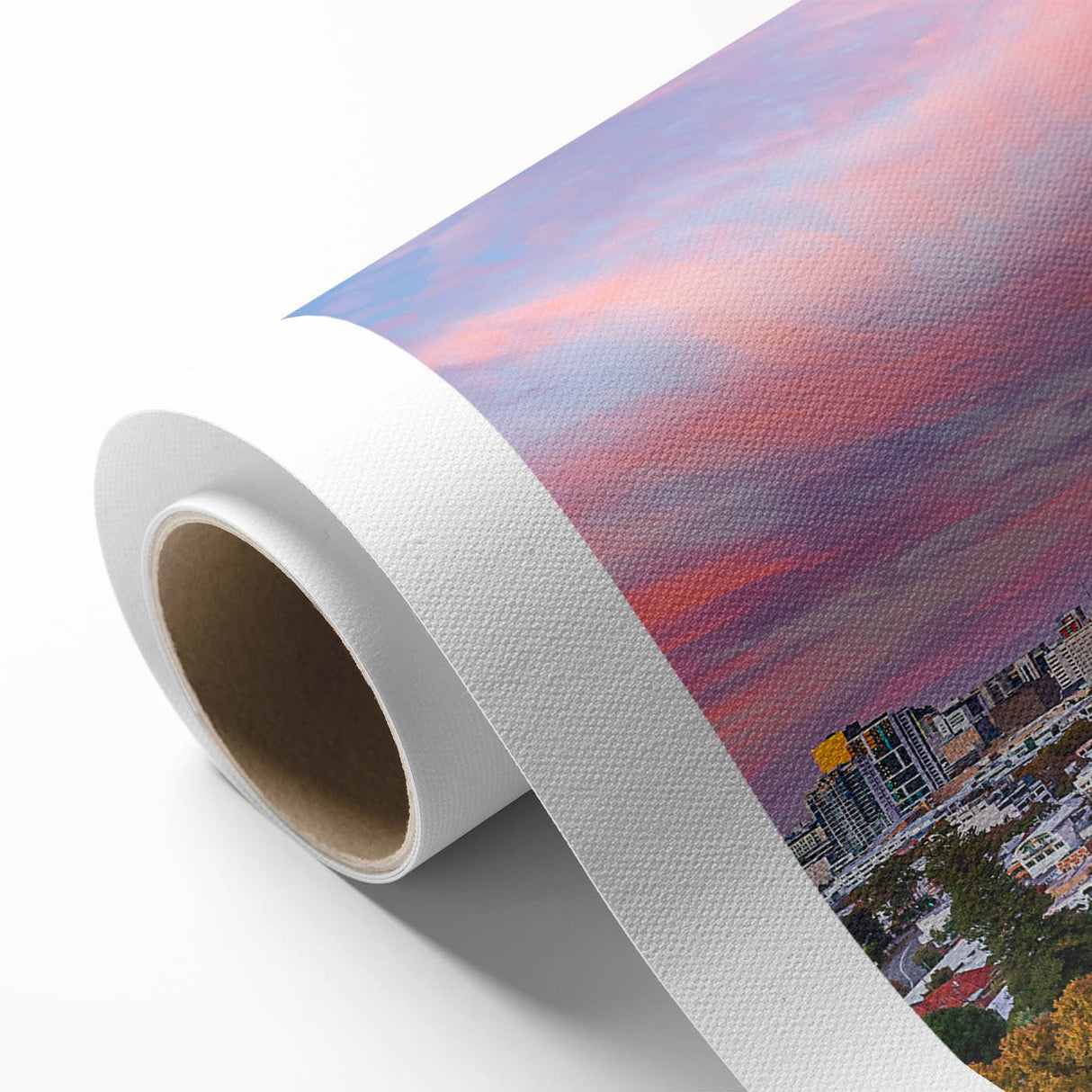 Art deco poster of Brisbane skyline on rolled canvas, with muted pastel hues, ideal for nursery wall art.