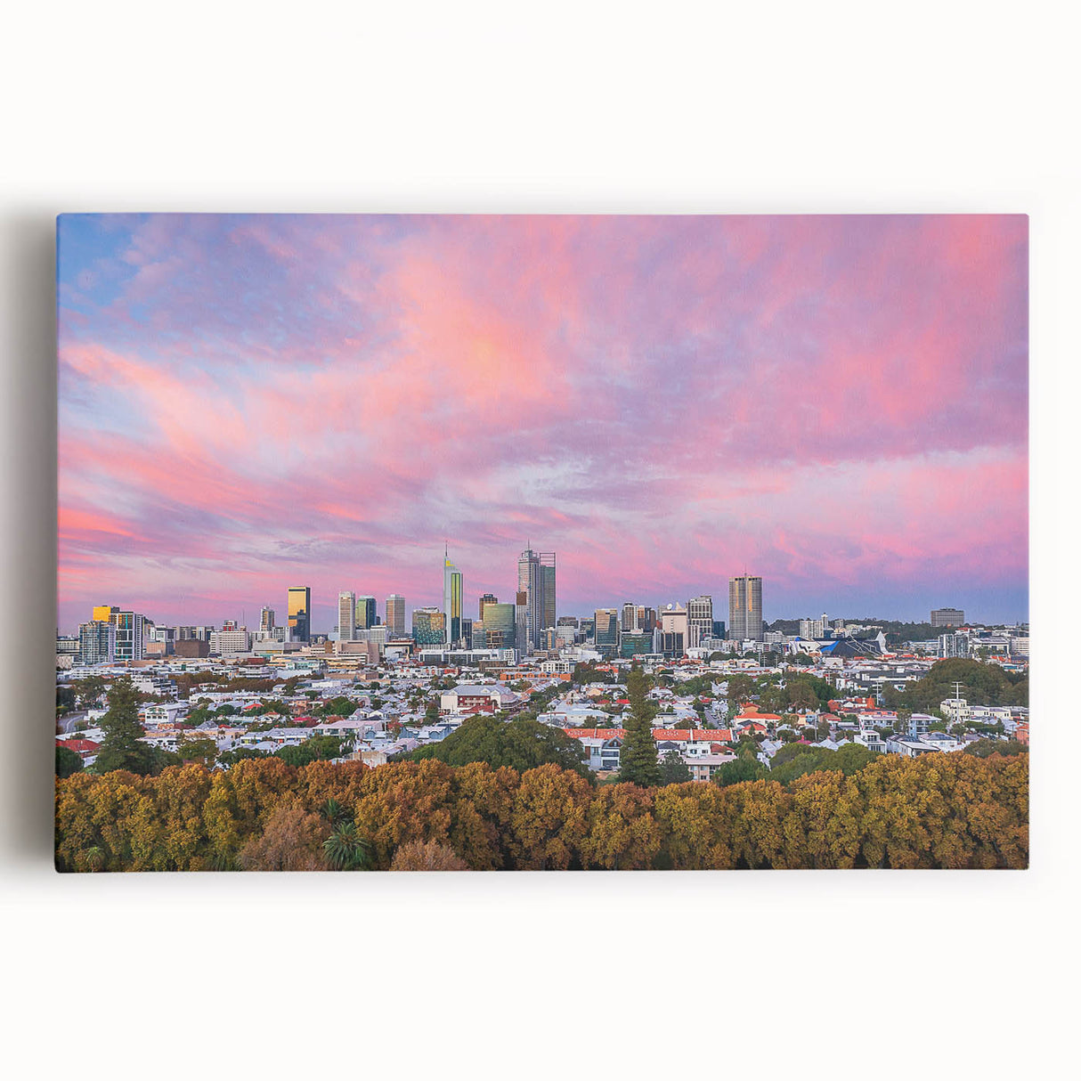 Monochrome Brisbane skyline on large stretched canvas, suitable for kitchen wall art.