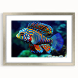 Abstract art print of the Great Barrier Reef in vibrant blue and green tones on a framed canvas.