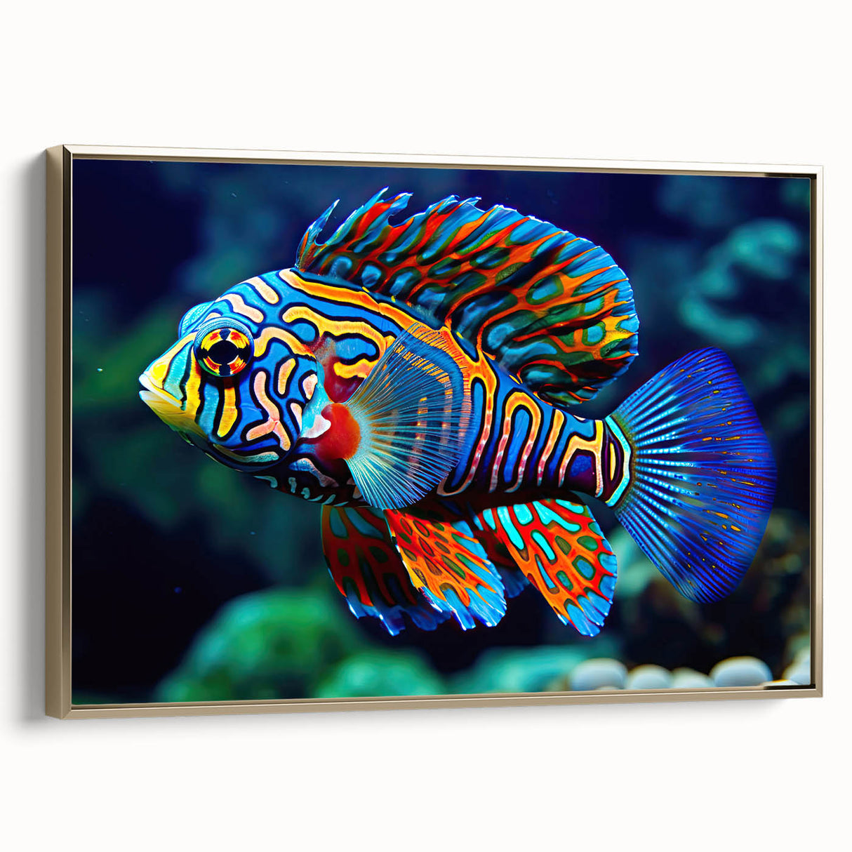 Framed canvas landscape art painting depicting the Great Barrier Reef in vibrant blues and greens.
