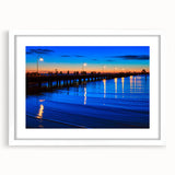 Extra large abstract art print of Melbourne scenery in textured style with muted earth tones, framed in white.