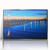 Art deco poster of Melbourne skyline in muted silver tones on framed acrylic, suitable for modern art wall decor.