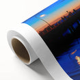 Art deco poster of Melbourne skyline in pastel shades on rolled canvas, ideal for nursery wall art.