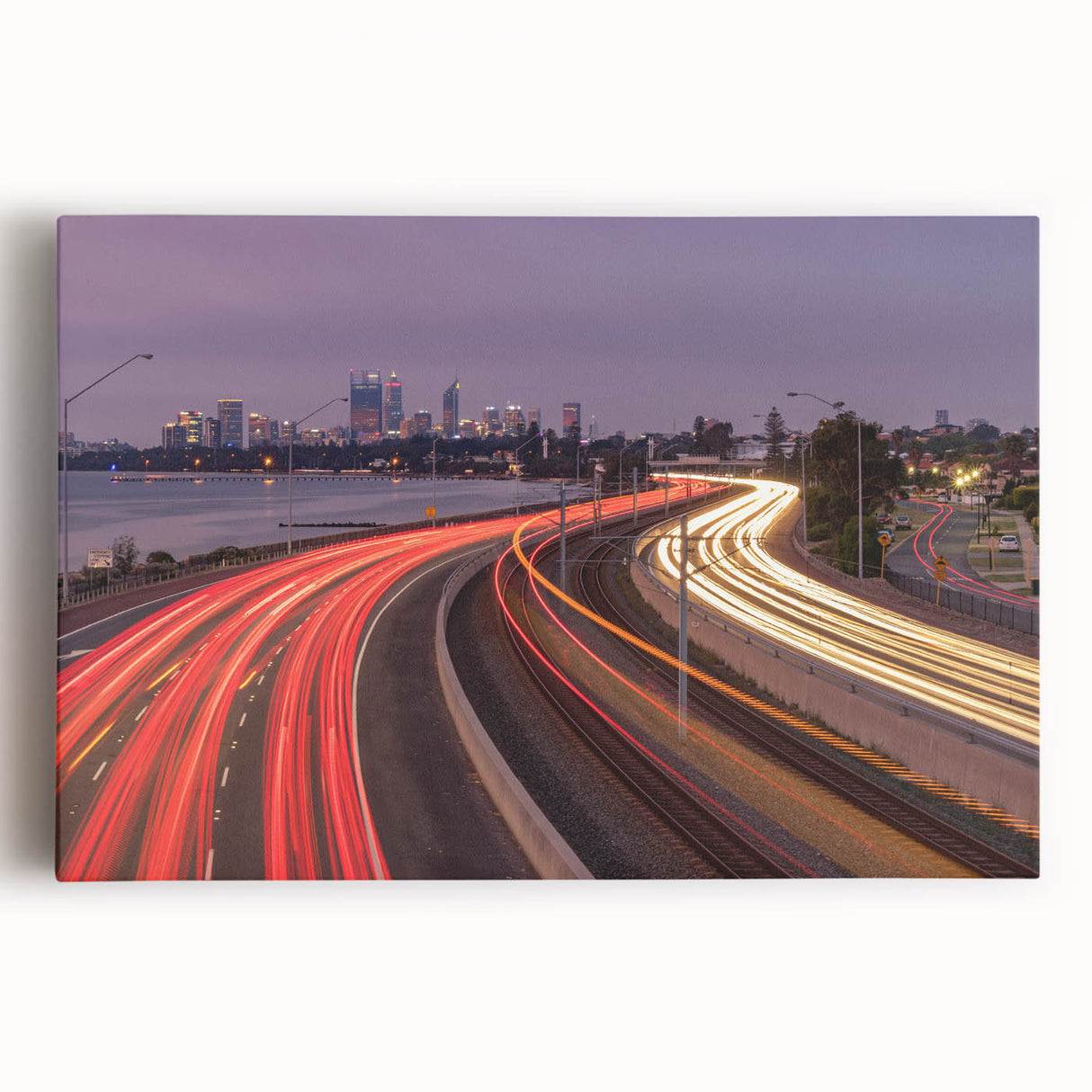 Black and white stretched canvas of Perth skyline, ideal for kitchen wall art.