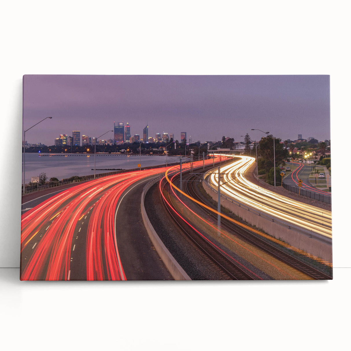 Black and white stretched canvas of Perth skyline, ideal for kitchen wall art or bedroom ambiance.